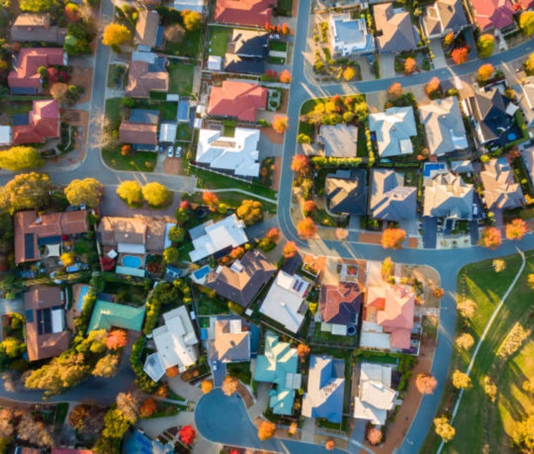 Aerial view of an established Australian suburb